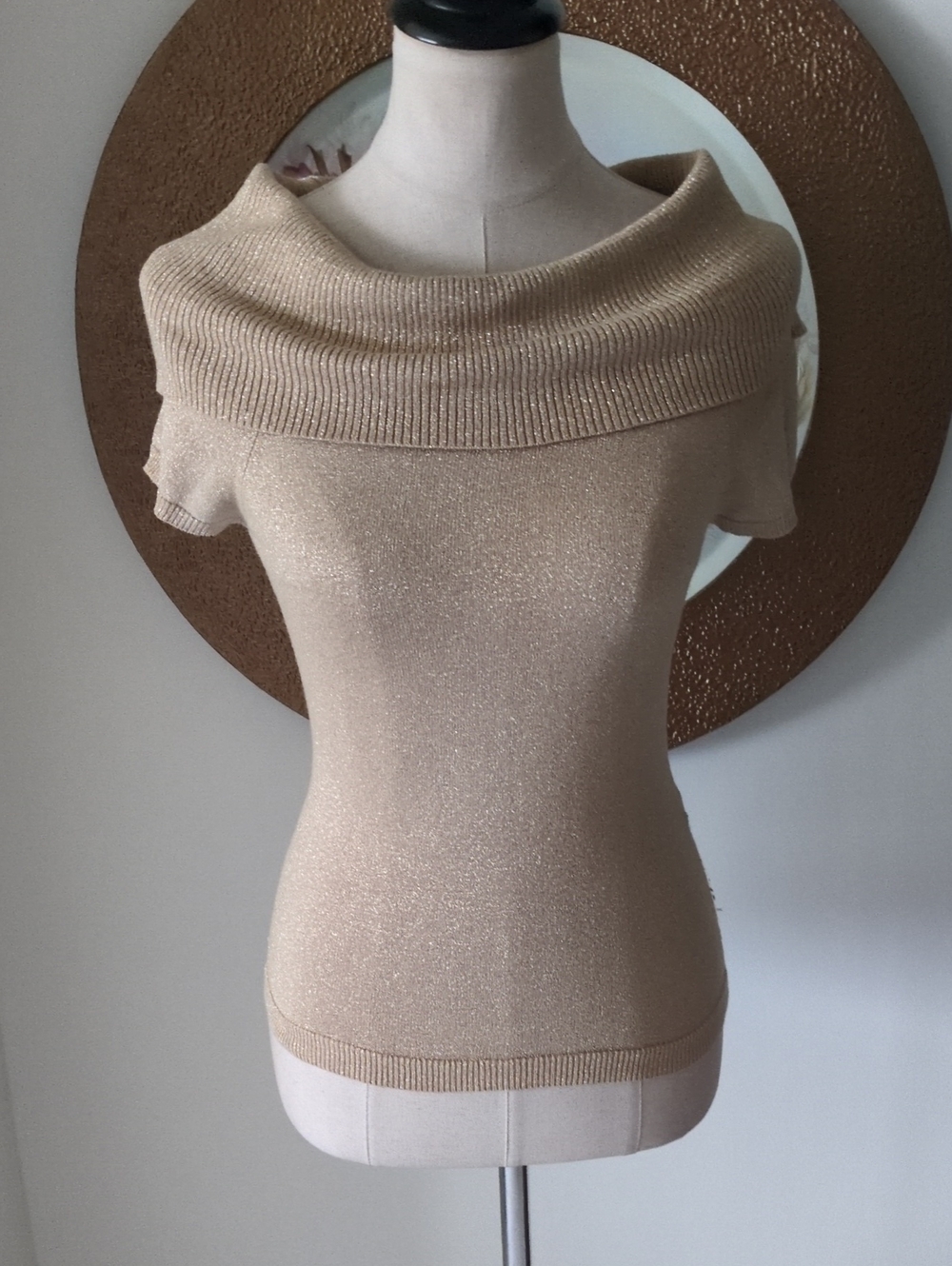 Express Off-Shoulder Short Sleeve Metallic Knit Sweater in Light Gold